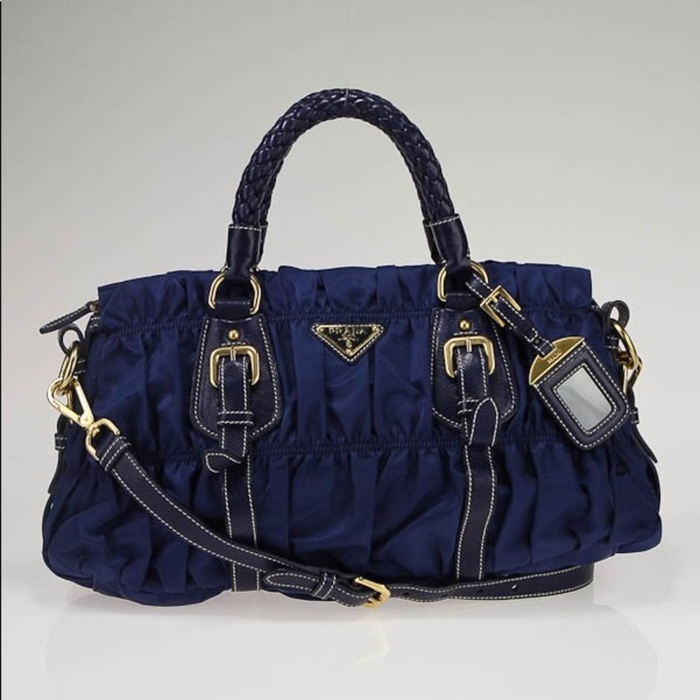 Prada Blue Tessuto Gauffre Nylon Ruched Bag